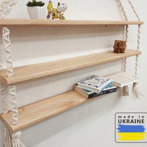 Triple macrame hanging shelf Large wooden shelf Neutral nursery shelf Boho kids room decor Modern wall mount shelves Hanging rope shelf