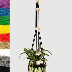 May include: Black macrame plant hanger with wooden beads, holding a green plant in a colourful ceramic pot.