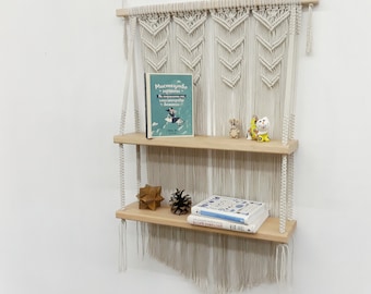 Macrame shelf Double hanging shelf Large wooden hanging shelf Boho home decor Bohemian room wall decor Hanging shelves Modern macrame decor