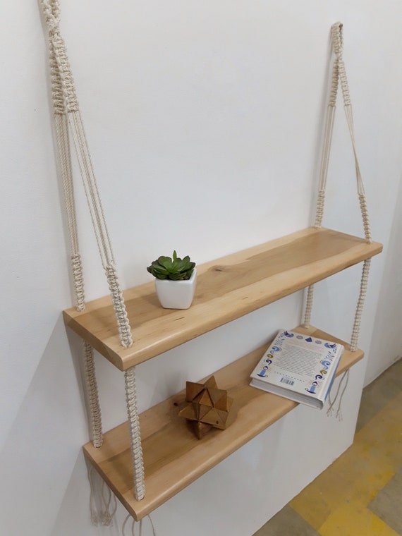 Sunkaioo Juego De 2 Estantes Colgantes De Pared De Macramé, Estantes Flotantes De Madera Bohemia Para Decoración De Pared Con Cuerda Tejida Hecha A Mano, Estante Rústico Para Plantas De Granja