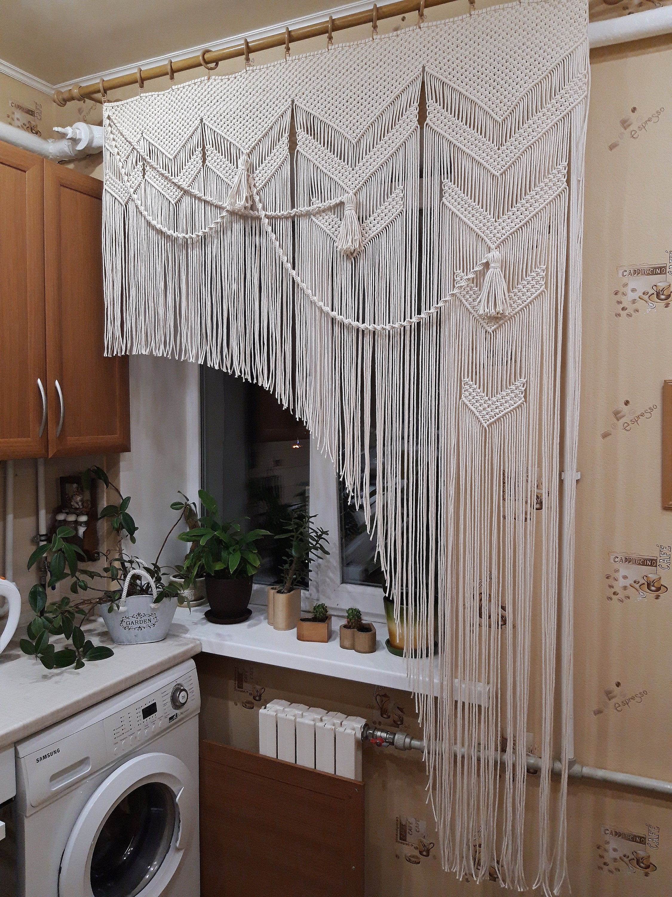 Cortina de macramé Cenefa de ventana de cocina Cortina de puerta corta  Cortina de cuerda asimétrica Decoración boho blanca natural Decoración de  ventana rústica para el hogar Boho -  México