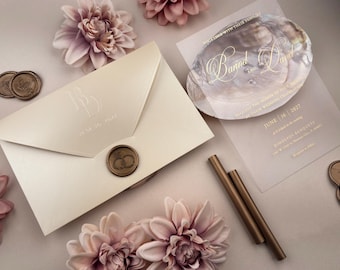 Embossed and Gold Foil Acrylic Wedding Invitation with Wax, 250 gsm Shiny Cream Paper
