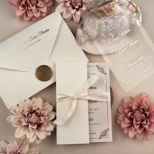 Acrylic Wedding Invitation, Gold Foil, Clear Invites, Quinceanera, Custom Invitation,Silk Ribbon