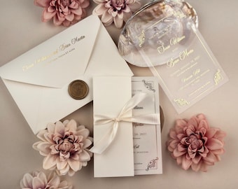 Acrylic Wedding Invitation, Gold Foil, Clear Invites, Quinceanera, Custom Invitation,Silk Ribbon