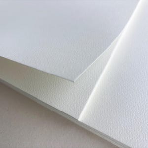 May include: Close-up of several white textured paper sheets, with a slight overlap. The paper has a subtle, grainy surface. The edges of the paper are clean and crisp. The overall impression is of a clean, minimalist aesthetic.