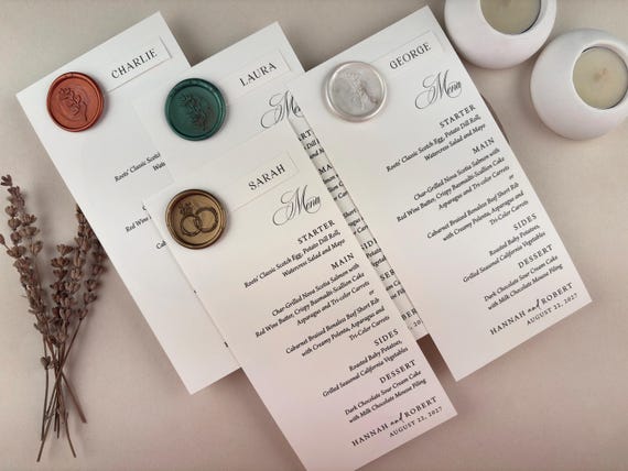 Personalized Wedding Menu with Name Card, 250gsm Cardstock, Wax Seal,
