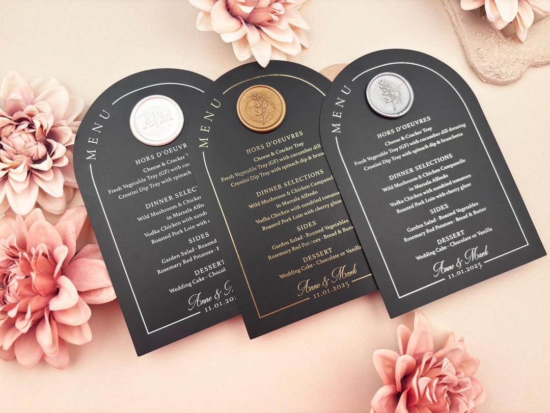 Black Matte Acrylic Wedding Menu Card With Foil & Wax Seal - Etsy