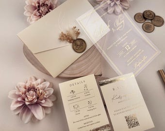 Gold Foil Clear Acrylic Wedding Invitation Set, Shiny Cream Pocket Envelope