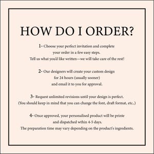 May include: A cream-colored informational graphic with black text. The title reads "HOW DO I ORDER?" followed by numbered steps explaining the ordering process, including design creation, revisions, and printing.