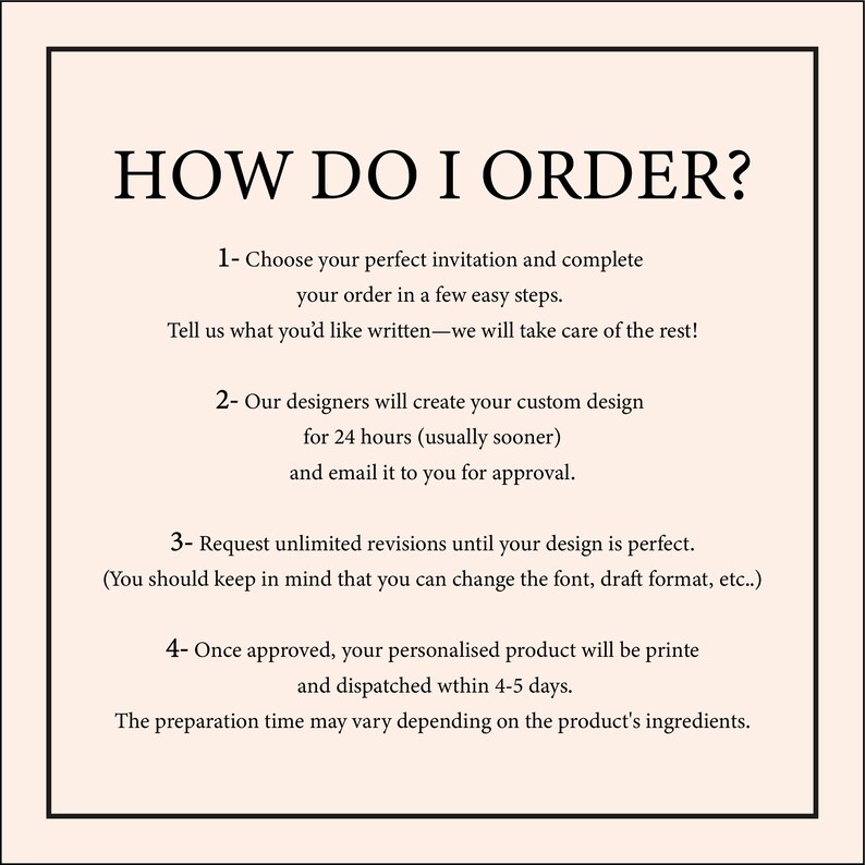 May include: A cream-colored informational graphic with black text. The title reads "HOW DO I ORDER?" followed by numbered steps explaining the ordering process, including design creation, revisions, and printing.