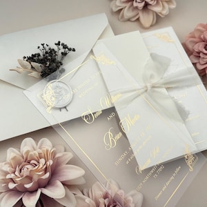 Gold Foil Acrylic Wedding Invitation Set: Dried Flowers & Wax Seal,Clear Modern Invites,Beige
