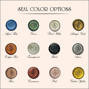 May include: An image showcasing a variety of wax seal color options. The seals are round with embossed designs and text, including Azure Blue, Green, Pearl White, Antique Gold, Copper Red, Transparent, Black, Silver, Rose, Cinnamon, Pink, and Golden Yellow.