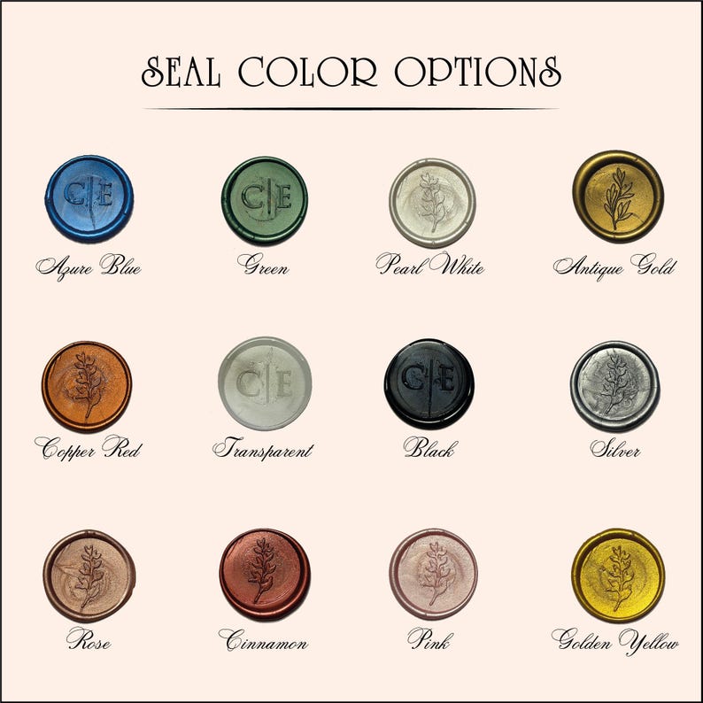 May include: An image showcasing a variety of wax seal color options. The seals are round with embossed designs and text, including Azure Blue, Green, Pearl White, Antique Gold, Copper Red, Transparent, Black, Silver, Rose, Cinnamon, Pink, and Golden Yellow.