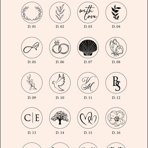 May include: A collection of wax seal designs in black and white, each within a circle. Designs include a laurel wreath, leaves, the words "with love", a butterfly, rings, a seashell, and more. The text "WAX SEAL DESIGNS" is at the top.
