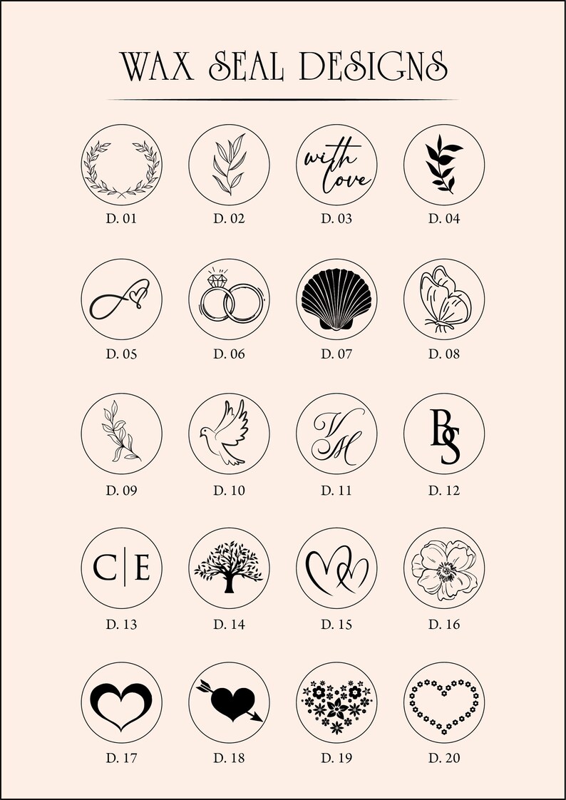 May include: A collection of wax seal designs in black and white, each within a circle. Designs include a laurel wreath, leaves, the words "with love", a butterfly, rings, a seashell, and more. The text "WAX SEAL DESIGNS" is at the top.