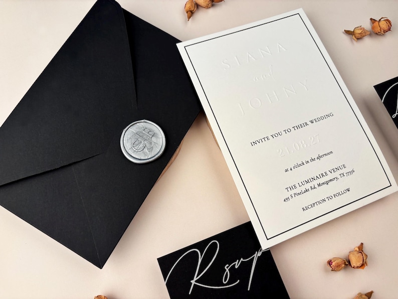 Embossed Black-white Wedding Invitation Suite Silver &amp; Black Printing ...