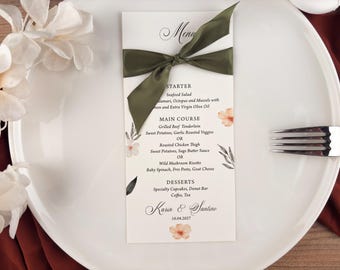 Wildflower Wedding Menu Cards with Green Ribbon, 250 gsm Ivory Cardstock
