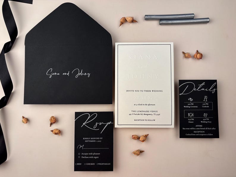 Embossed Black-white Wedding Invitation Suite Silver &amp; Black Printing ...