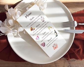Diseño de acuarela caprichoso, tarjeta de menú de boda personalizada, cartulina color marfil de 10 x 21 cm.