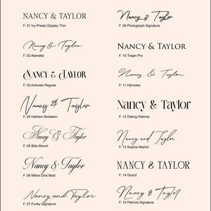 May include: A beige graphic featuring the word "FONTS" at the top, with various font styles displayed below. Each font is labeled with "Nancy & Taylor" and a unique name, showcasing a range of elegant and modern typography options.