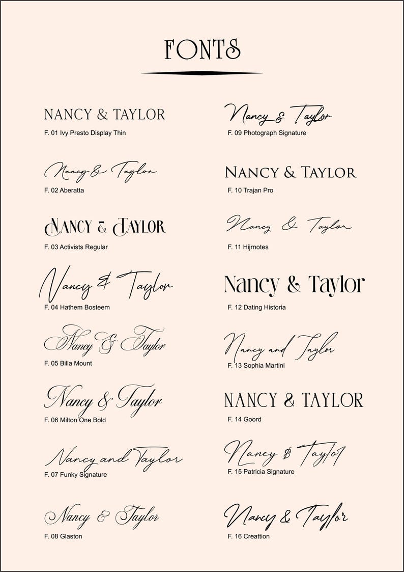 May include: A beige graphic featuring the word "FONTS" at the top, with various font styles displayed below. Each font is labeled with "Nancy & Taylor" and a unique name, showcasing a range of elegant and modern typography options.