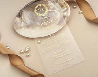 Gold Foil Clear Acrylic Wedding Menu Card: Pearl Detail