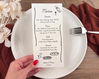 Whimsical Wedding Menu Card, Rustic Hand Drawn Design, Dinner Party Stationery
