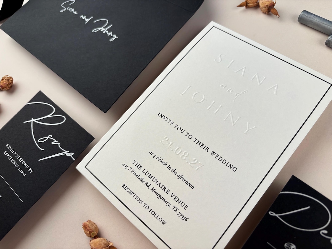Embossed Black-white Wedding Invitation Suite Silver &amp; Black Printing ...