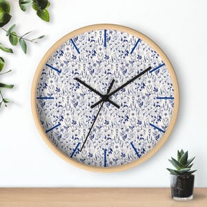 Charming Floral Wall Clock - Blue Botanical Design - Home Decor, Rustic Gift, Kitchen Clock, Office Wall Art, Unique Timepiece