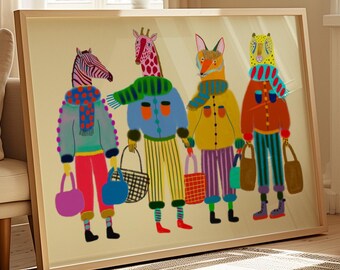 Shopping Art Print, Girls Wall Decor, Gift For Her Birthday, Christmas, Bright and Colorful Teens Room Decoration, Fun and Cute Illustration