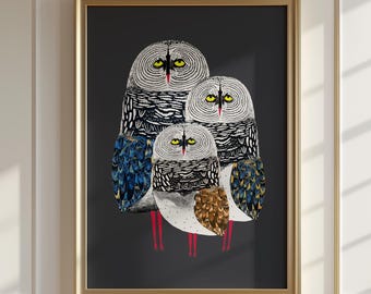 Owl Family Art Print, Whimsical Wall decor, New Home Gift, Unique Illustration