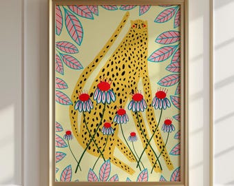 Cheetah and Flowers, Art Print, Wall Decor, Animal Illustration, Gift for Her, Floral Artwork
