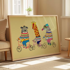 Animales en bicicleta, lámina artística, decoración infantil, decoración para guardería, ilustración infantil, regalo de cumpleaños, sala de juegos