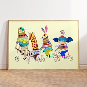 Animal Art Print For Kids and Nursery Wall Decor - Colorful Bike Poster For Playroom - Trendy Artwork For Children and Baby Room