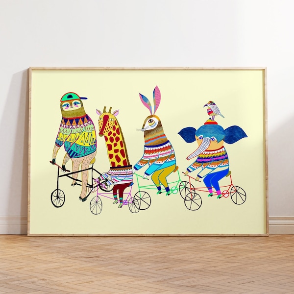 Kunstdruck für Kinder und Kinderzimmer-Wanddekoration – buntes Fahrrad-Poster für das Spielzimmer – trendiges Kunstwerk für Kinder und Babyzimmer