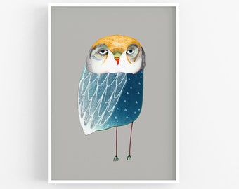 Blue Night Owl. Children's illustration, art print.