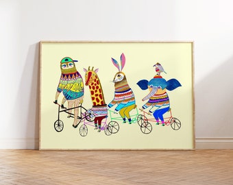 Animal Art Print For Kids and Nursery Wall Decor - Colorful Bike Poster For Playroom - Trendy Artwork For Children and Baby Room