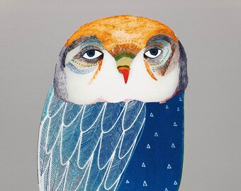 Blue Night Owl. Children's illustration, art print.