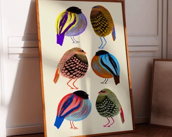 May include: A rectangular framed wall art print featuring six stylized birds arranged in two columns. Each bird displays distinct patterns and vibrant colors, including yellow, purple, brown, orange, blue, pink, and green, set against a cream background.