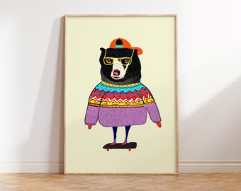 Black Bear Art Print Skateboarder