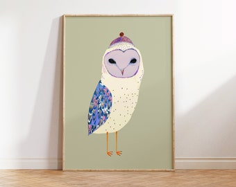 Barn Owl Wearing Bobble Hat Art Print - Illustration Home Decor -  House Warming Decoration Gift  - Whimsical Bird Poster Artwork - For Her