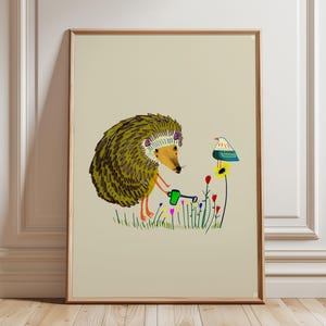 Hedgehog Gardening Art Print, Nursery Decor, Baby Shower Gift, Cute Animal Poster, Children's Illustration, Prints for Kids, For Boy/Girl