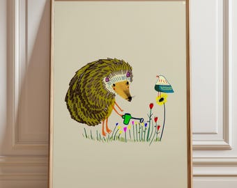 Hedgehog Gardening Art Print, Nursery Decor, Baby Shower Gift, Cute Animal Poster, Children's Illustration, Prints for Kids, For Boy/Girl