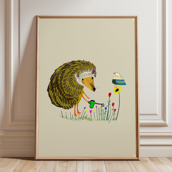 Hedgehog Gardening Art Print, Nursery Decor, Baby Shower Gift, Cute Animal Poster, Children's Illustration, Prints for Kids, For Boy/Girl