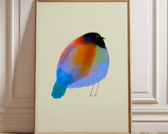 May include: A framed wall art print featuring a stylized, rounded bird illustration. The bird has a solid black head, a vibrant body with blended patches of orange, red, and blue, and thin, simple black lines representing its two legs.
