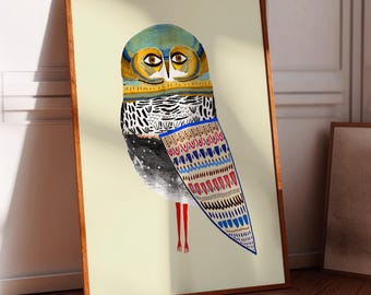 Majestic Owl Art Print: Whimsical Mixed Media Home Decor