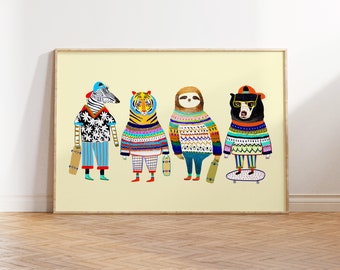 Skateboarder Animal Crew Art Print - Wall Decor For Nursery and Children's Rooms - Gift For Toddler and Kids - Skateboard Poster Design