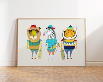 Skateboarder Animal Crew Art Print - Decoración de pared para niños - Cartel de ilustración - Skateboard Wall Art - Regalo para niños - Habitación para niños