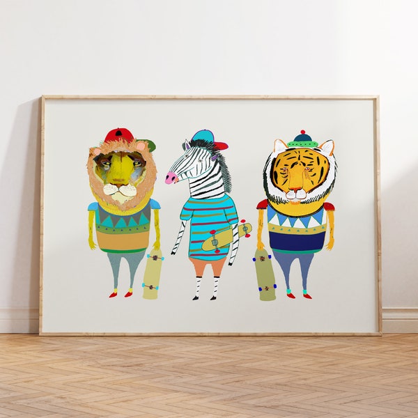 Skateboarder Animal Crew Art Print - Wanddecor voor jongens - Illustratie Poster - Skateboard Wall Art - Cadeau voor kinderen - Kinderkamer