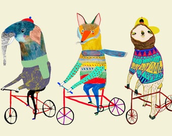 Cool Bike Friends. children's illustration art print kids decor nursery wall art - bike art - nursery decor - art for kids.